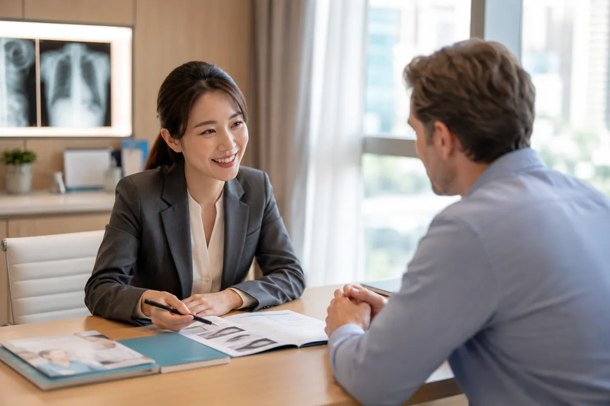 International patient coordinator consulting with a foreign patient in a modern Chinese hospital consultation room