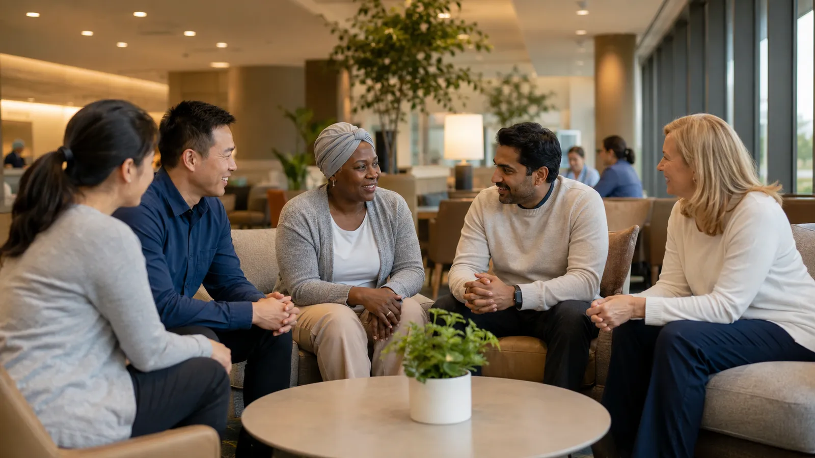 Diverse group of international patients having a relaxed conversation in a comfortable hospital lounge with plants and warm lighting