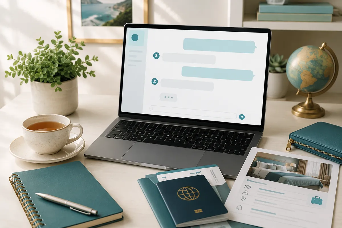 Support desk with laptop showing chat interface, tea, and travel planning documents